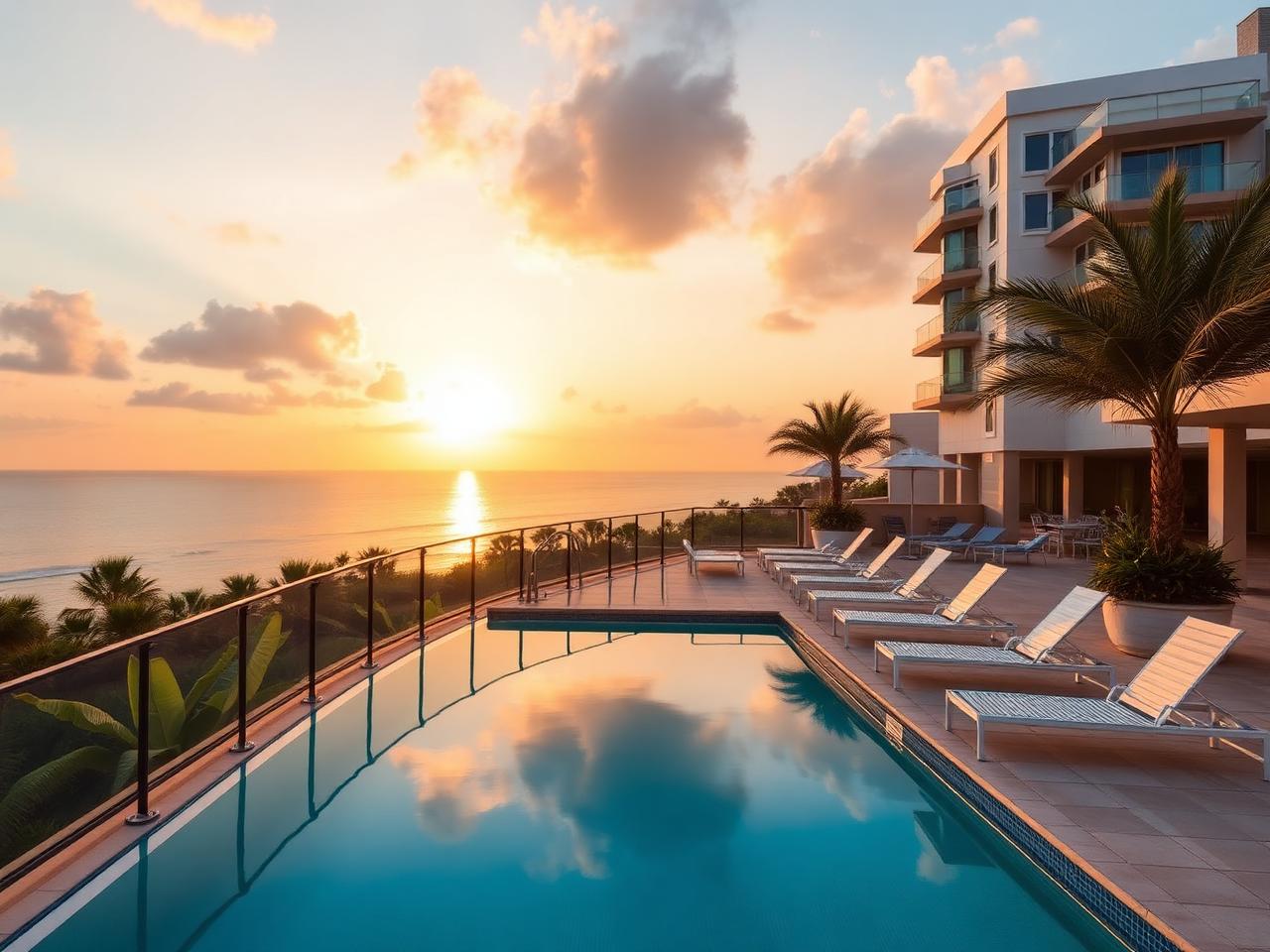 Área de lazer com piscina e vista para o mar em empreendimento beach club