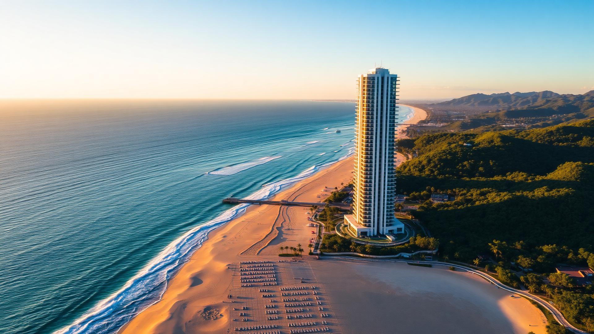 Vista aérea de torres residenciais à beira-mar no litoral norte de Santa Catarina