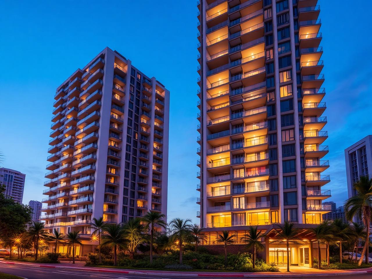 Torres residenciais urbanas iluminadas ao entardecer